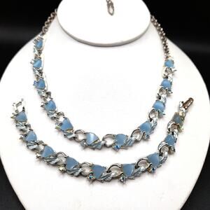 1950s Blue Moonglow Heart Necklace Bracelet Set Silver Tone Aurora Borealis